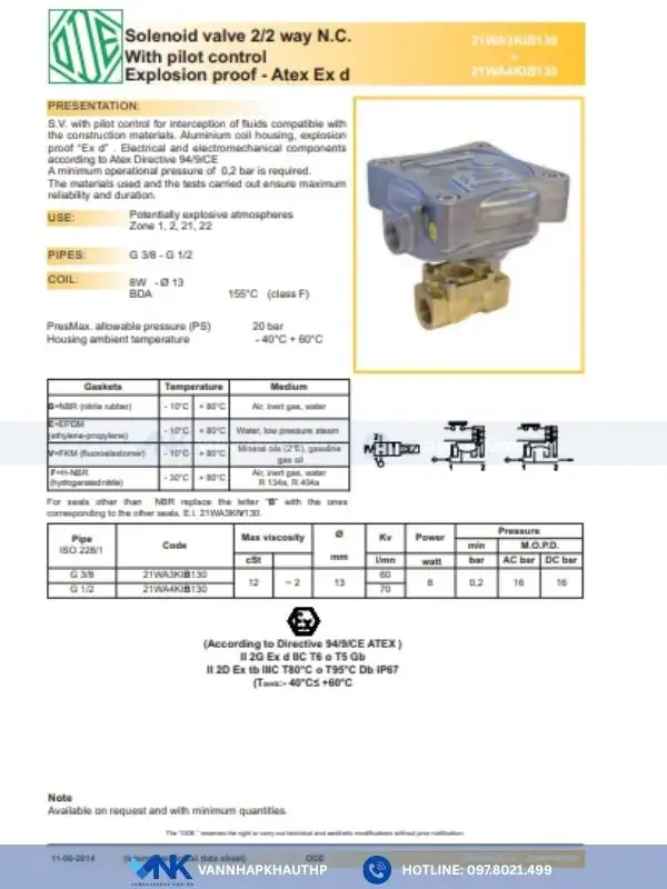 Chi tiết Catalogue van điện từ ODE chống cháy nổ