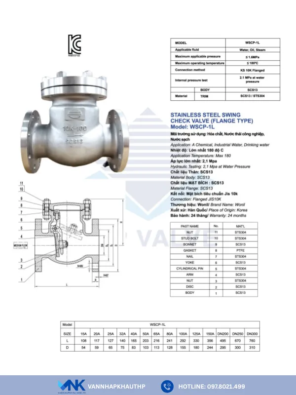 Catalogue van 1 chiều lá lật lá lật Inox mặt bích Wonil Hàn Quốc