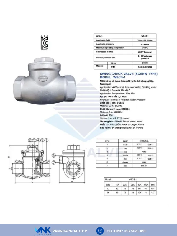 Catalogue van 1 chiều lá lật lá lật inox ren Wonil Hàn Quốc