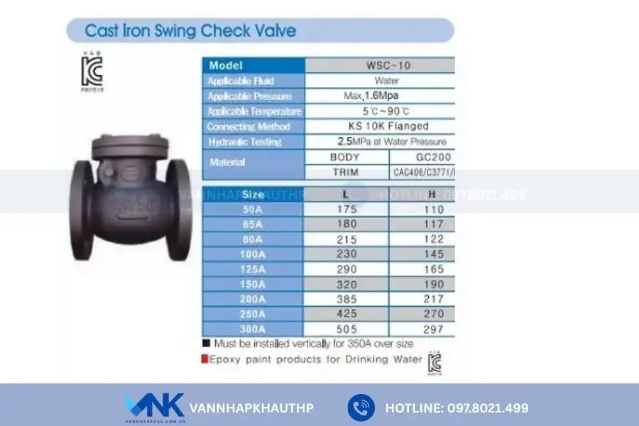 Catalogue van một chiều lá lật Wonil làm từ gang