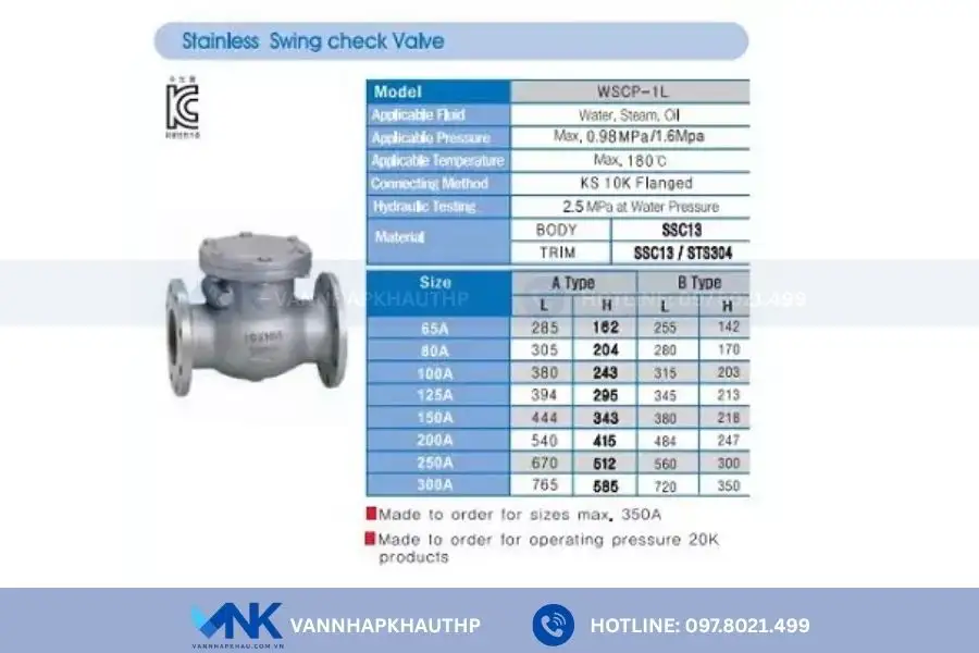 Catalogue van một chiều lá lật Wonil làm từ inox