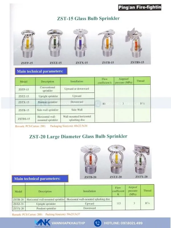 Catalog của đầu phun chữa cháy