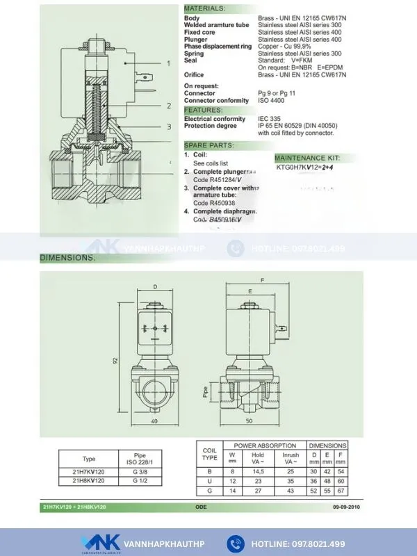 Catalogue van điện từ đồng nối ren ODE model 21H7KV120