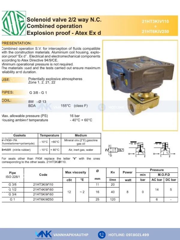 Catalogue van điện từ đồng nối ren ODE model 21HT3KIV110, 21HT6KIV250