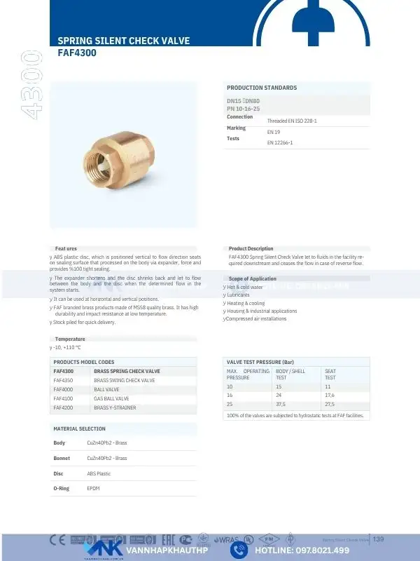 Catalogue van một chiều lò xo FAF chất liệu đồng