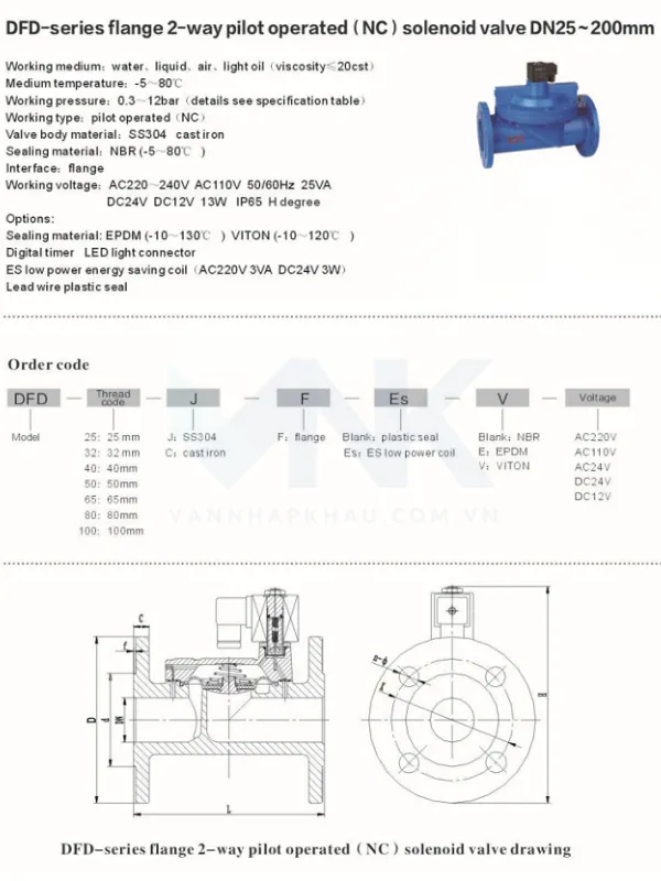 Catalog van điện từ DFD mặt bích gián tiếp loại thường đóng