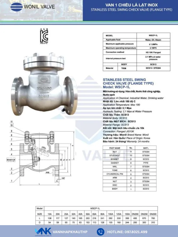 Catalog van 1 chiều inox lá lật mặt bích Wonil Hàn Quốc