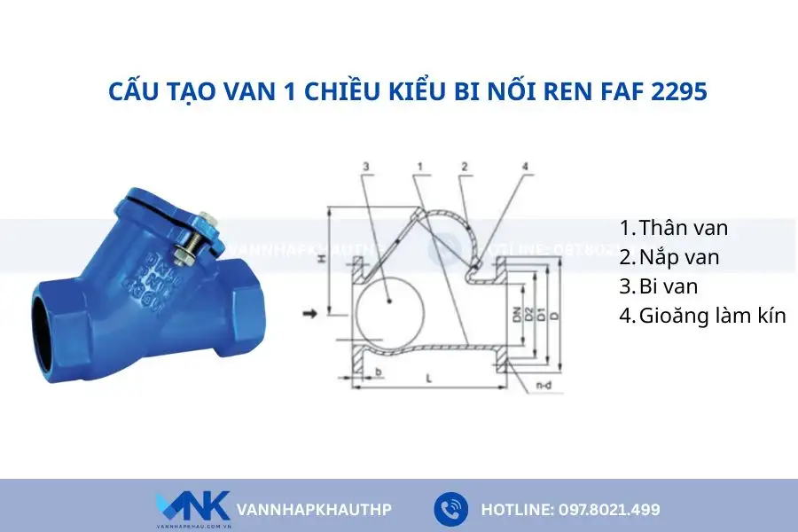 Các bộ phận chính của van 1 chiều kiểu bi nối ren FAF 2295