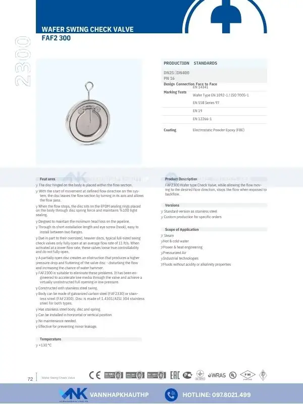 Catalog van một chiều lá lật wafer dạng treo FAF 2300